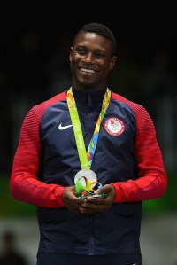 RIO DE JANEIRO, BRAZIL - AUGUST 10:  Silver medalist Daryl Homer of the United States poses on the podium during the medal ceremony for the men's individual sabre on Day 5 of the Rio 2016 Olympic Games at Carioca Arena 3 on August 10, 2016 in Rio de Janeiro, Brazil.  (Photo by Dean Mouhtaropoulos/Getty Images)